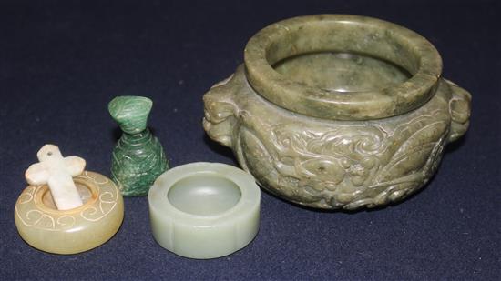 A Chinese finely carved stoneware censer and two jade brushwashers, a crucifix and a bottle